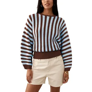 Stylish vintage loose crew neck striped knit sweater for women in blue and brown vertical stripes