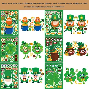 Vista detallada de seis estilos de pegatinas de dibujos animados DIY de San Patricio