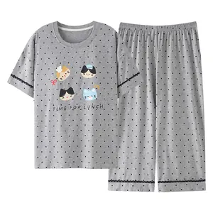 Ensemble pyjama gris à pois pour femme avec joli motif chat et pantalon en coton