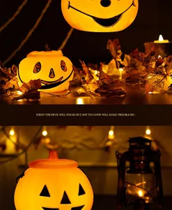 Glowing Halloween pumpkin lantern buckets with warm festive lighting decorations