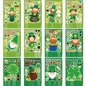 Vista detallada de 12 hojas de pegatinas DIY de leprechaun de San Patricio para niños
