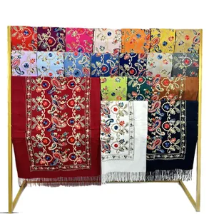 Embroidered imitation cashmere scarf with fringe, available in multiple colors