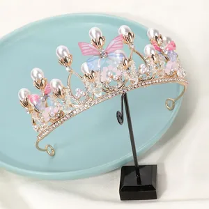 Children's princess crown tiara with pearls, rhinestones, and colorful butterflies