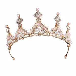 Elegant golden children princess crown with pearls and rhinestones 14cm diameter