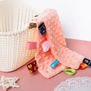 Soft baby taggy security blanket with minky dot texture and colorful sensory ribbons
