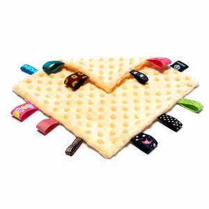 Soft baby tag security blanket with sensory doudou texture and colorful ribbons
