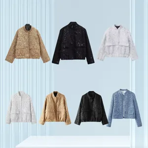 Detailed layout of women's sequined fashion jackets in multiple colors with front pockets