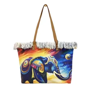 Large capacity tote bag with colorful elephant print and stylish fringe details for women