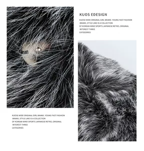 Close-up detail showing the soft texture and fibers of a grey and black faux fur winter coat