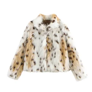 Detailed texture view of an elegant leopard print faux fur coat for autumn and winter wear
