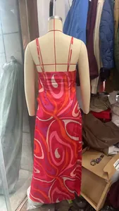 Rückansicht eines pink-orange bedruckten Maxikleides mit Spaghettiträgern auf Schneiderpuppe.