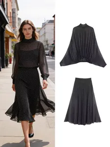Women Polka Dot Print Two Piece Skirt Set Retro Bow Chiffon Blouse Top And A-Line Midi Skirt Set For Spring Summer