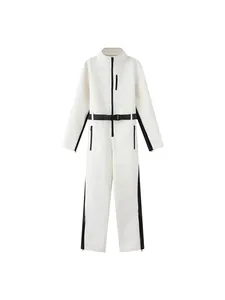 Stylish white and black one-piece ski suit with adjustable belt for winter outdoor sports