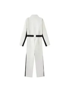 Professional white ski jumpsuit with black side panels and slim fit waist design