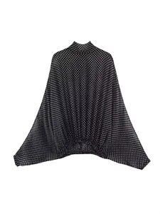 Elegant black and white polka dot batwing sleeve blouse with a high neck design for spring