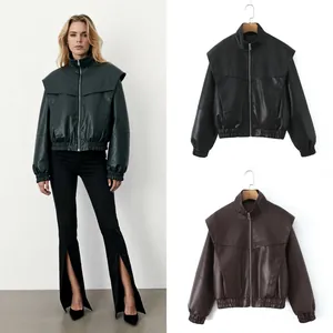 Women's faux leather bomber jacket featuring wide shoulder panels and ribbed hem detail