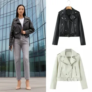Detail view of women's biker PU leather jacket featuring lapel collar and waist belt