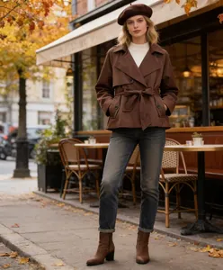 Gabardina corta marrón con cinturón y cuello de solapa para un look callejero de otoño