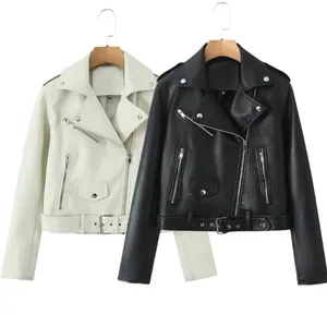 Stylish black and white faux leather biker jackets with decorative waist belt and zippers