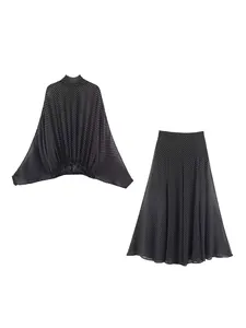 Women's chic black and white polka dot batwing sleeve shirt and A-line skirt set