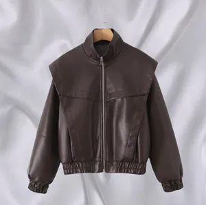 Detailed view of dark brown retro faux leather pilot jacket with silver zipper