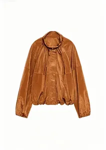 Chic shiny copper nylon windbreaker jacket featuring a stand collar and pleated texture.