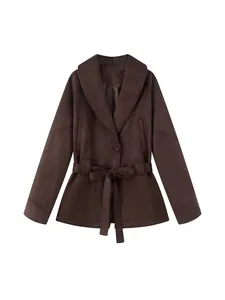 Trench-coat en Daim Rétro pour Femmes Avec Ceinture Revers Col en V Manches Longues Mi-longue Veste Cintrée Manteau Automne Hiver