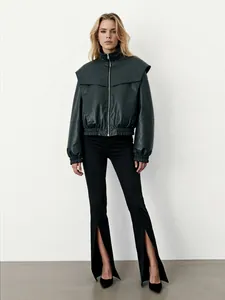 Stylish dark green faux leather bomber jacket with unique layered shoulder detail.