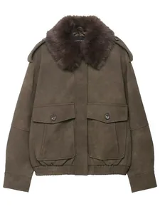 Vintage brown faux suede bomber jacket with a soft detachable fur collar for women