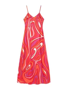 2025 Sommer langes Kleid mit psychedelischem Druck und leuchtend roten Wirbelmustern