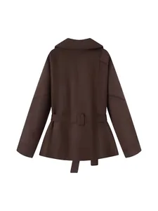 Trench-coat vintage en daim marron foncé pour femme avec col à revers et ceinture