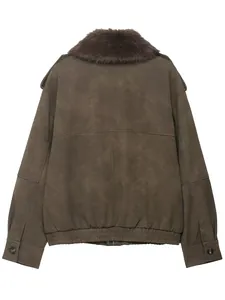 Stylish brown faux suede jacket for women with detachable faux fur collar back view