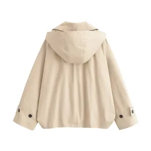 Back view of a beige hooded cape trench coat with loose silhouette and button detail