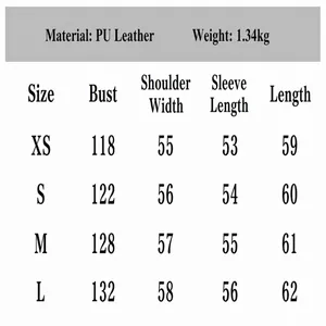 Tableau détaillé des tailles indiquant les mesures pour une veste en simili cuir