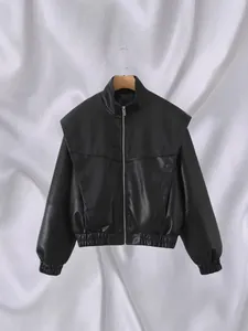 Vintage American style women's black faux leather bomber jacket with stand collar
