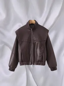 Vintage brown faux leather flight jacket for women featuring a high collar and wide shoulders