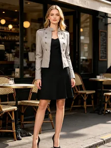 Chic Napoleon style grey jacket with double-breasted metal buttons over black dress