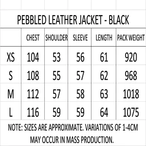 Detailed size guide for the black faux leather jacket showing precise measurements