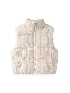 Women Cable Knit Padded Vest Stand Collar Sleeveless Jacket Loose Casual Zipper Waistcoat Warm Polyester Outerwear Top