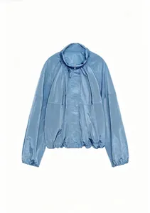 Close-up view of light blue pleated nylon jacket with a stylish stand collar design