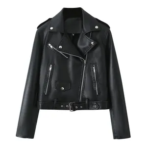 Detailed front view of a classic black PU leather biker jacket with lapel and belt
