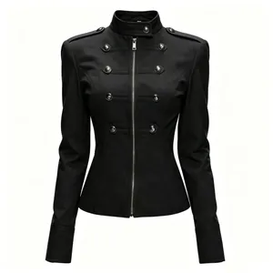 Detailed view of a black women's Napoleon jacket featuring metal buttons and a slim waist