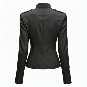 Detailed back view of a black slim-fit Napoleon style military jacket with epaulettes