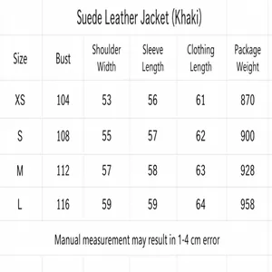Size chart for women's brown lychee leather jacket with bust and shoulder measurements