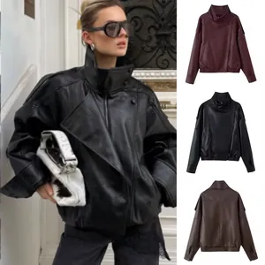 Stylish women's oversized double collar faux leather biker jacket in multiple colors