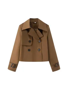 Classic brown cropped trench coat for women featuring a double-breasted front and wide lapels