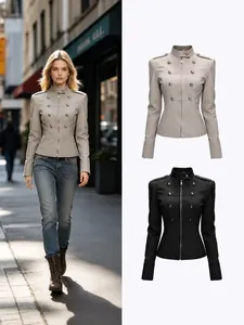 Women Vintage Napoleon Jacket Double Breasted Metal Button Military Style Slim Fit Stand Collar Polyester Coat Outwear
