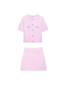 Elegantes rosa Strick-Set zweiteilig mit Kurzarm-Cardigan und passendem Minirock