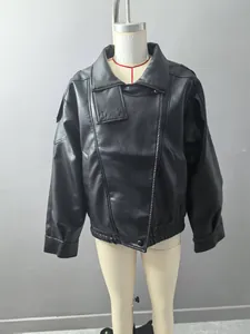 Stylish premium black faux leather oversized biker jacket for women on mannequin