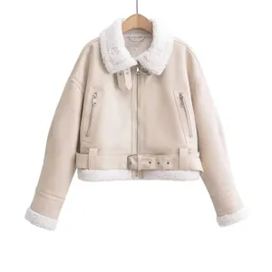 Veste aviateur en peau lainée pour femme crème avec ceinture et col en fausse fourrure